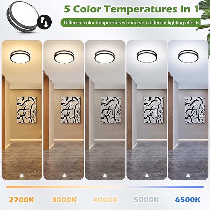 4-Pack 36W LED Flush Mount Ceiling Lights, 3200LM Black Ceiling Light Fixtures, 5 Color in One (2700K/3000K/4000K/5000K/6500K), 12'' Modern Round Ceiling Lamp for Kitchen Hallway Stairwell Offices
