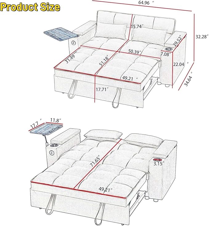 65''Convertible Sleeper Sofa Bed,3-in-1 Pull Out Couch Bed with 360 Degree rotatable Side Table and USB Ports for Living Room,RV (07beige)