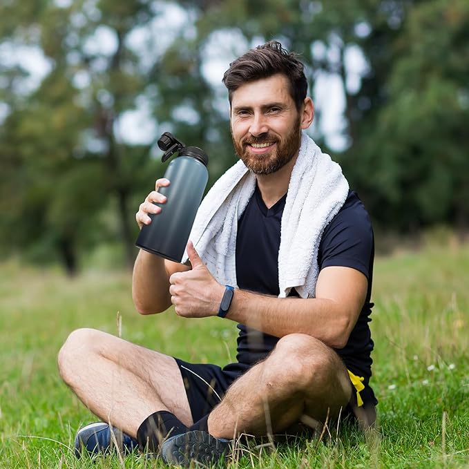 32oz Insulated Water Bottle with 3 Lids(Straw, Hand and Spout Lid), Double Vacuum Stainless Steel Metal Water Flask(BPA-free, CPC) for Sports, Camping, Hiking, Cycling, Fitness and more(Indigo Black)