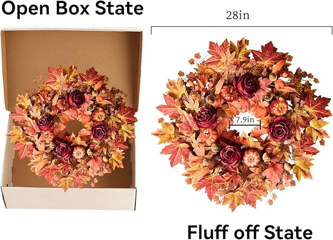 26'' Large Fall Wreath for Front Door, Autumn Wreaths for Outdoor Home Decor - Farmhouse Wreath with Maple Leaves, Pumpkins, Roses, Thanksgiving Decoration, Rustic Harvest Festival Door Hanging