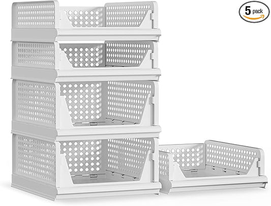 5 Pack Stackable Plastic Storage Basket Closet Organizer Bin Foldable Clothes Organizer Storage Drawer Shelf Container for Living room Bathroom Kitchen Office (2L+3S)