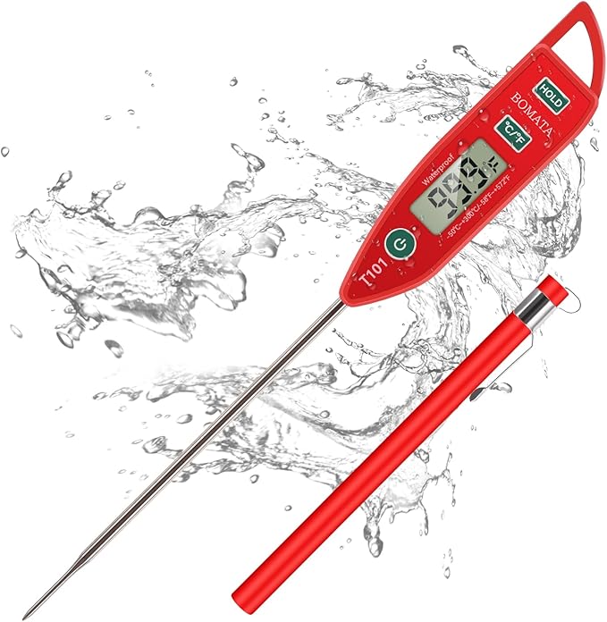 BOMATA Waterproof IPX7 Thermometer for Water, Liquid, Candle and Cooking. Instant Read Food Thermometer with Long Probe for Cooking, Meat, BBQ! T101 (Red Color)…