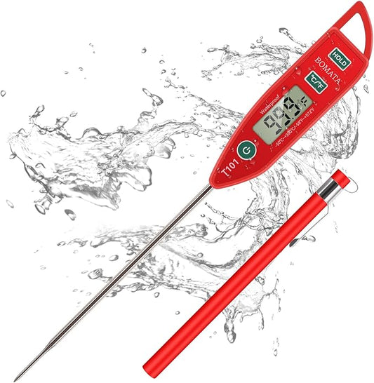 BOMATA Waterproof IPX7 Thermometer for Water, Liquid, Candle and Cooking. Instant Read Food Thermometer with Long Probe for Cooking, Meat, BBQ! T101 (Red Color)…