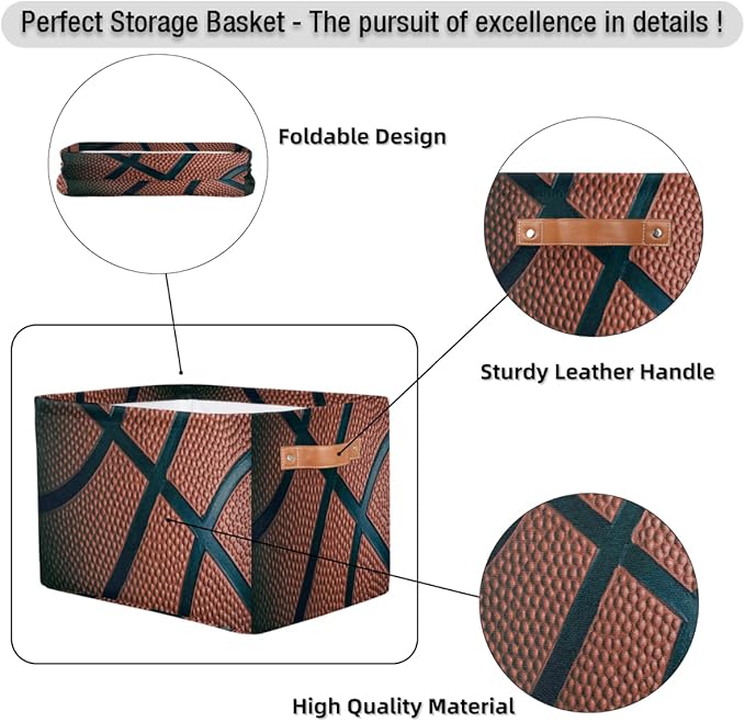 Basketball Storage Basket Collapsible Rectangular Storage Bin Large Fabric Storage Boxes Organizer 1Pc with Leather Handles for Clothes Toys Books Kitchen Laundry