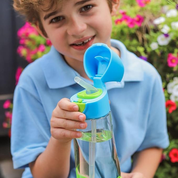 b.box 15oz Tritan Straw Bottle: Modern Water Bottle with Flip Straw for Toddlers & Kids. Spill Proof, Leak Proof, BPA Free. Great for School/Daycare or Next Step After Sippy Cups (Emerald Forest)