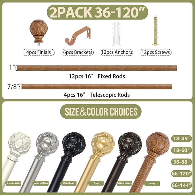 2 Pack Wood Curtain Rods for Windows 66 to 120 Inch,1 Inch Adjustable Curtain Rod Set,Heavy Duty Curtain Rods,Wooden Netted Texture Drapery Rods,Single Window Curtains Rods 66-120",Brown Wood