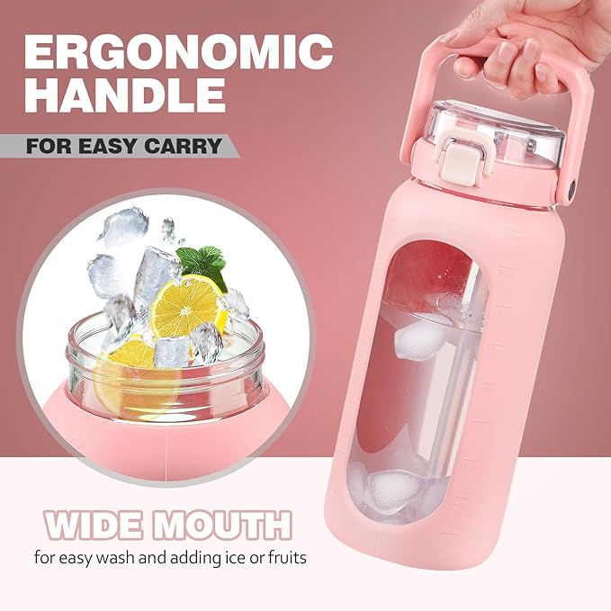 BLUEGO 64oz Glass Water Bottle with Handle and Straw, Motivational Sports Water Bottle with Time Marker and Silicone Sleeve Leakproof Drinking Bottle for Travel Gym Workout, Pink