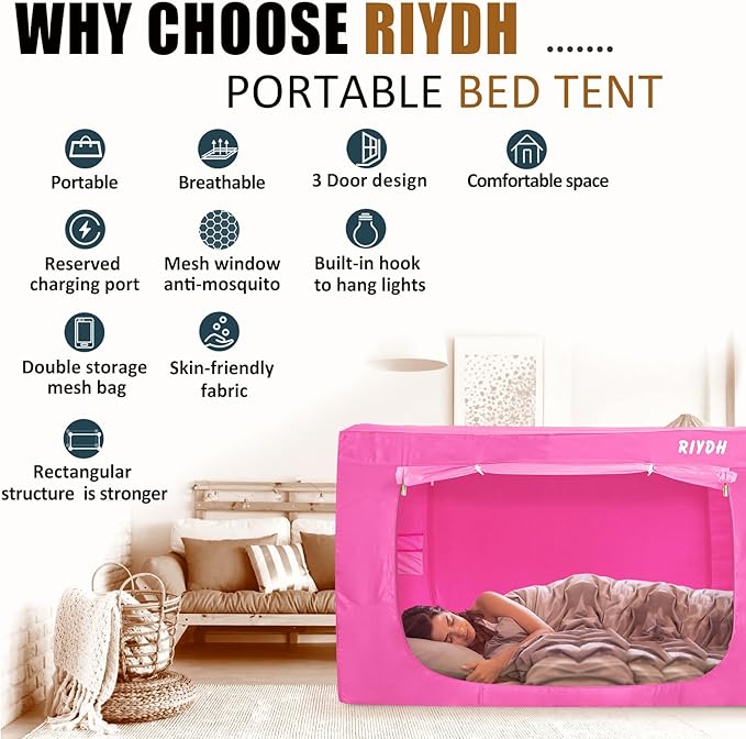 Bed Tent Twin Bed Canopy Tents - Portable Dream Tent for Kids and Adult Indoor Sleeping Tents 70% Blackout with 3 Doors Breathable Private Space Tents