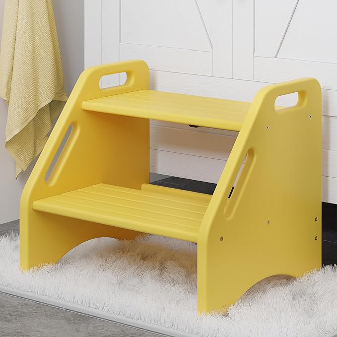 AMBIRD Wooden Step Stool, Two Step Stools Toddler 400 lbs Capacity with Safety Non-Slip Pads and Handles, Bamboo Step Stool for Bathroom, Kitchen Step Stools Dual Height Step Stools for Kids (Yellow)