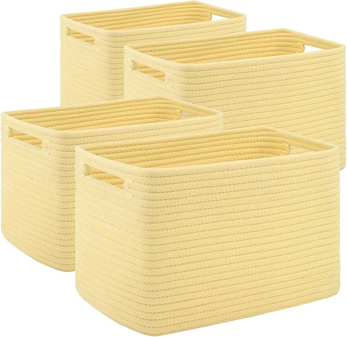 4 Pack Storage Baskets for Organizing Toys, Towels, and Clothes, Woven Basket for Shelves, Durable Nursery Cube Bins for Storage, 13''L x9''W x7.8''H, Yellow