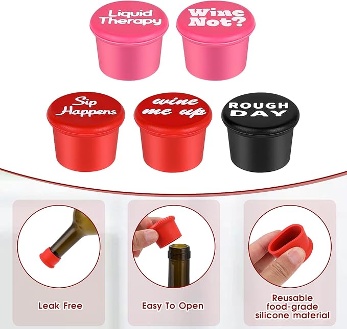 5 Pack Funny Silicone Wine Stoppers Wine Accessories for Wine Lovers Gifts Reusable Bottle Cover Caps Replace Corks for Wine Bottles Airtight Seal Decorative To Preserve Wine Fresh
