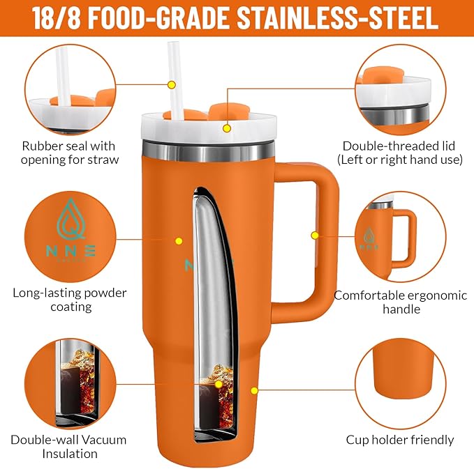 40oz stainless Steel Insulated Tumbler with Handle, lid and straw for cold water, Iced tea, or coffee - 100% Leak-Proof - Cupholder Friendly Travel Mug- Gifts for Women Men Him Her (Orange)
