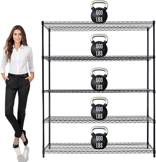 60"x24"x72" PRIME HEAVY DUTY Black 5-Tier Wire Shelving NSF 3000 LBS MAX Capacity Storage Rack for Commercial, School, Home, Garage, Warehouse, Industrial, and Hospital Uses (with Wheels)