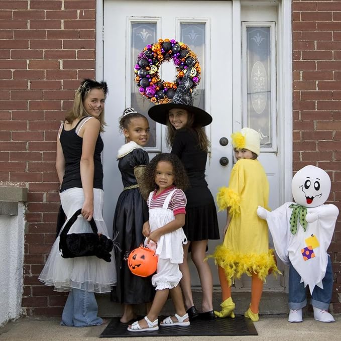 13.8 Inch Halloween Ball Wreath for Front Door with Lights, Lighted Cute Treat-or-Trick Door Wreath Ball Ornament for Halloween Indoor Decorations Centerpiece Party Holiday Wall Home Decor