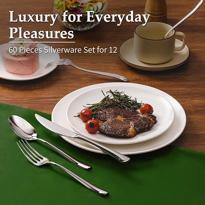 Aisoso 60-Piece High-End Silverware Set with Forks Spoons and Knives, Stainless Steel Serving Utensils for 12 with Mirror Finished Handle, Durability and Dishwasher Safe for Restaurant, Weddings