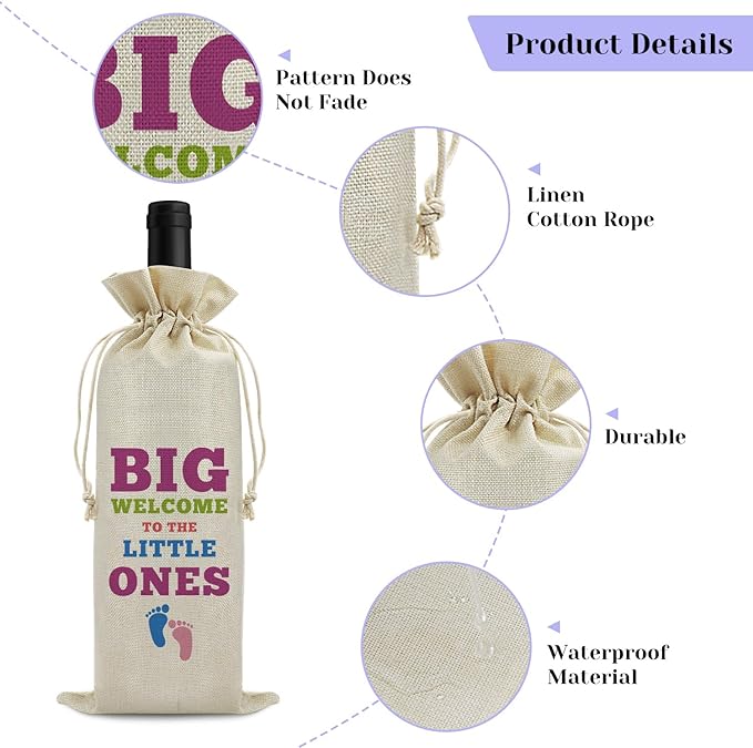 Baby Announcement Gift Welcome Baby Wine Bag for Friends Sister New Baby Birth Gift Baby Girl Baby Boy Gift Drawstring Wine Wrapping Bag Baby Shower Party Decors Reusable Burlap Wine Gift Bag
