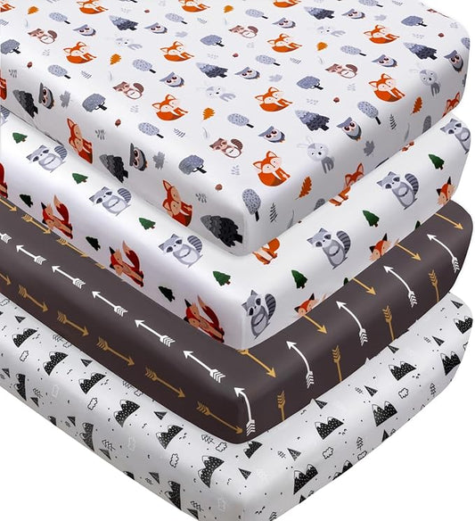 4 Pack Woodland Forest Animals Wood Neutral Unisex Fitted Baby Crib Sheets Set for Baby Boys or Girls Fox