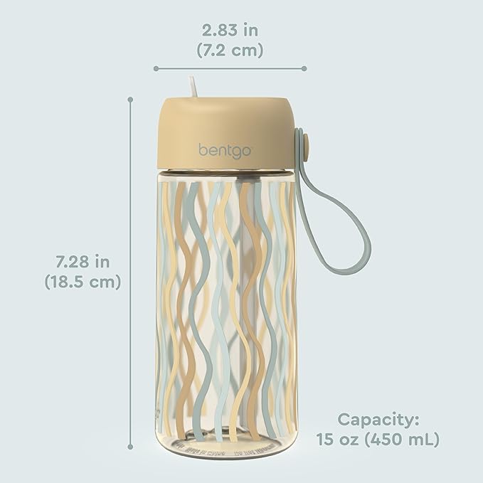 Bentgo Kids Water Bottle (Whimsy & Wonder Collection) - Leak-Proof Durable Tritan 15 oz. Cup for Kids/Toddlers 3+; Flip-Up Safe-Sip Straw for School, Sports, Daycare, Camp & More (Wavy)