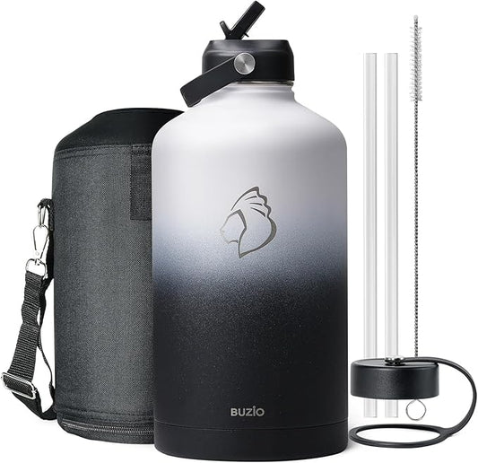 BUZIO 1 Gallon Water Bottle, 128oz Insulated Water Jug Double Walled Vacuum Stainless Steel Travel Flask (Cold for 48 Hrs), Leak Proof BPA-Free Large Canteen with Straw Lid, Black White