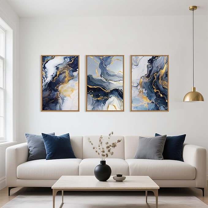Blue and Gold Framed Canvas Wall Art Set, Mid-Century Modern Abstract Wall Decor, Navy Blue Ink Wash Painting, Neutral Art Print for Living Room, Bedroom, Dining Room, Office - 16"x24"x3