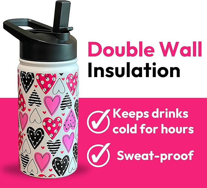 Biddlebee Kids Water Bottle with Straw Lid | 14oz Insulated Stainless Steel Reusable Bottles for School | Leak Proof Cap with Handle & Touch Free Spout | Great for Boys & Girls