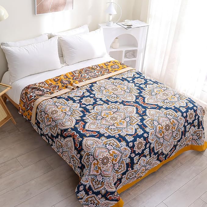Boho Muslin Blanket for Adults 4-Layer Gauze 80 x 90 Inches Soft Cozy 100% Cotton Summer Cooling Blanket Floral Decor for Sofa Bed Coverlet Both Sides (A Boho Spiral Flower, 80 x 90 in)