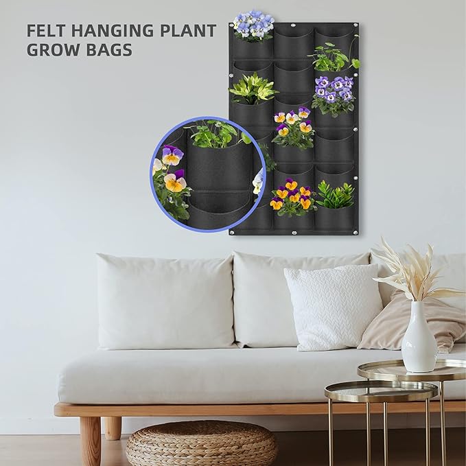 18 Pockets Hanging Planter Bags, Hanging Vertical Wall Mounted Plant Planting Grow Bags, Herb Garden Planter Outdoor Indoor Growing Bag, Gardening Vertical Greening Flower Container(1m×0.5m, Black)