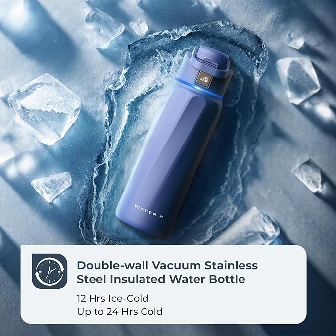 BOOST Smart Water Bottle with Reminder to Drink Water & Water Tracker Bottle - Double Wall Vacuum Insulated Water Bottle Stainless Steel, Wide Mouth 32 oz Water Bottles, Ideal for Gift - Blue