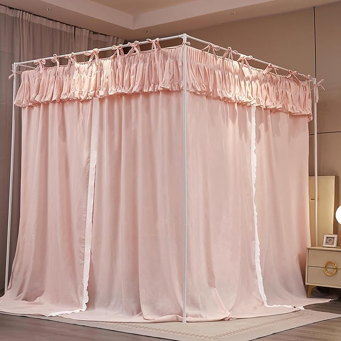 4 Corners Post Princess Ruffle Curtain Bed Canopy Lace Up Elastic Cozy Breathable Tent Mosquito Net for Girls Bedroom Decoration(Pink, 59-64" W*82" L*82" H/Queen)