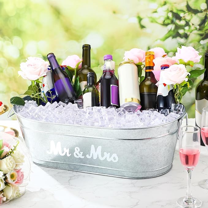 2 Pcs 5.5 Gallons Galvanized Tubs,Large Beverage Tubs,Drink Buckets for Parties with Handles,Metal Ice Buckets for Parties Galvanized Bucket for Wedding Halloween Christmas(Mr and Mrs)