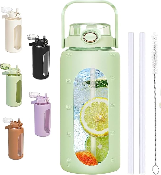 64oz Glass Water Bolttles with Straw，Motivational Half Gallon Water Bottle with Time Marker & Silicone Sleeve, Leakproof & BPA Free Reusable Clear Glass Water Jug for Gym Workout (Green)
