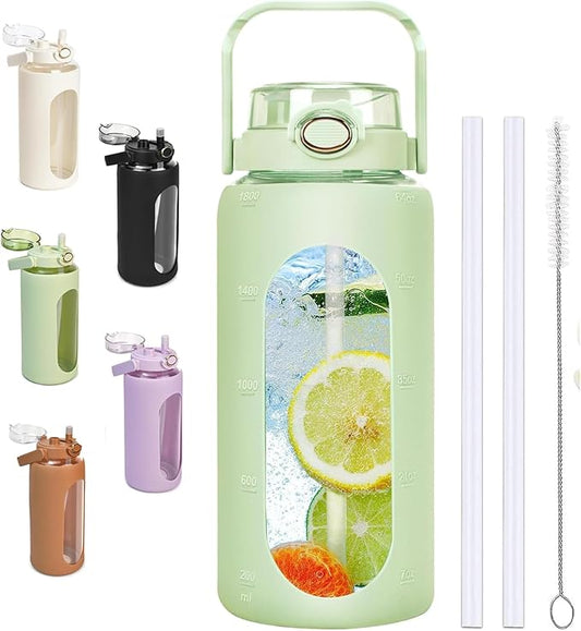 64oz Glass Water Bolttles with Straw，Motivational Half Gallon Water Bottle with Time Marker & Silicone Sleeve, Leakproof & BPA Free Reusable Clear Glass Water Jug for Gym Workout (Green)