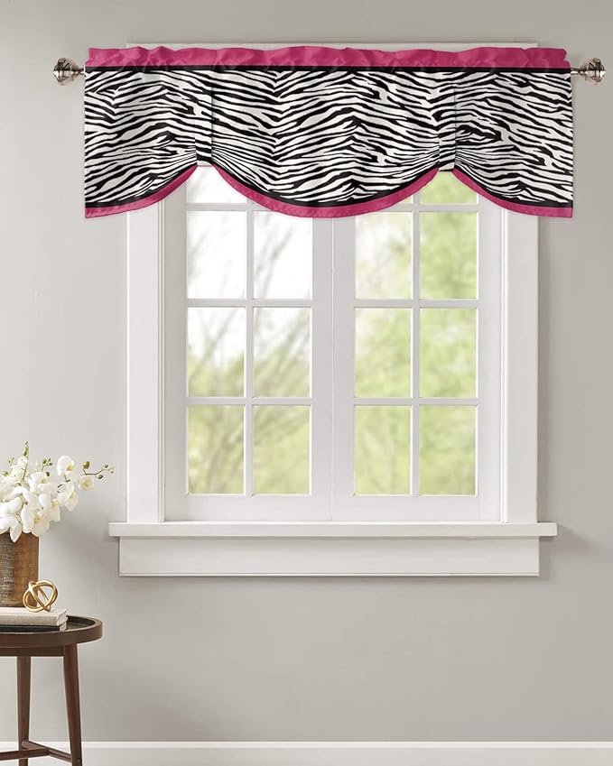 Animal Zebra Print Blackout Tie Up Valance Curtains for Kitchen Windows Black White Pink Window Toppers Balloon Shades for Living Room/Bathroom/Bedroom,1 Panel,60" X 18"