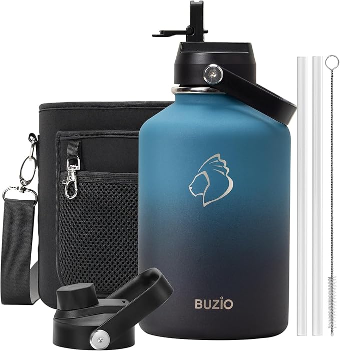 BUZIO 64 oz Insulated Water Bottle, Half Gallon Stainless Steel Water Jug with Straw Lid & Carrying Case, Keep Cold 48h Large Lead-Free Vacuum Metal Thermo Water Flask for sports Camp, Indigo Crush