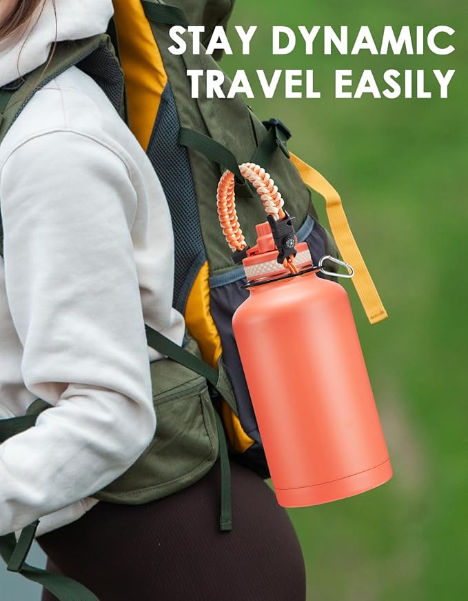 64 oz Water Bottle with Straw - Auto Spout Lids, Paracord Handle, Carrier Bag, Insulated Water Bottle Half Gallon Jug, Keep Cold 48H, Stainless Steel Metal Flask Large Sport Water Bottle Black