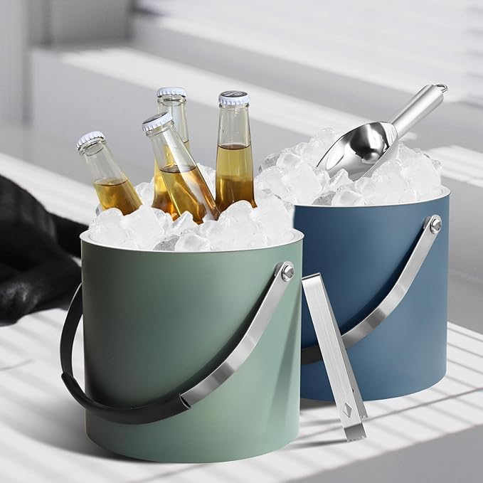 3L Ice Bucket with Silicone Lid, Scoop, Tongs & Strainer, Stainless Steel Double Wall Insulated Ice Buckets for Parties & Cocktail Bar, Outdoor Champagne Ice Container Bin, Dusty Green