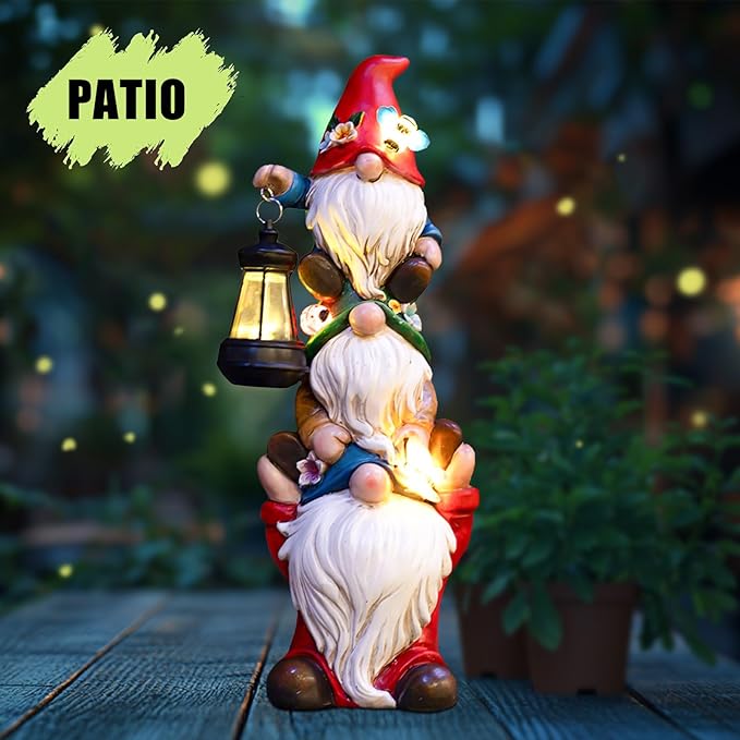 17 in Large Garden Gnome Statue with Solar Lights Sculptures Funny Triple Big Gnome Outdoor Patio Lawn Yard Balcony Garden Home Decor Gifts for Women Mom
