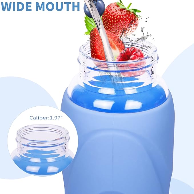32 oz Sports Glass Water Bottle with Straw & Silicone Sleeve Reusable BPA-free Borosilicate Glass Drinking Bottle with Flip Top Lid & Handle Wide Mouth (Sky Blue)