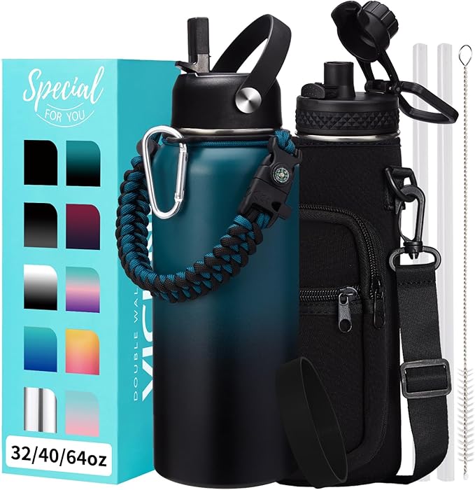 32 oz Insulated Water Bottles - with Straw & Flip Auto Lid, Stainless Steel Water Bottle Shoulder Carrier Bag, Silicone Boot, BPA-Free Metal Water Bottle with Handle Paracord, Sport Gym Mug Flask