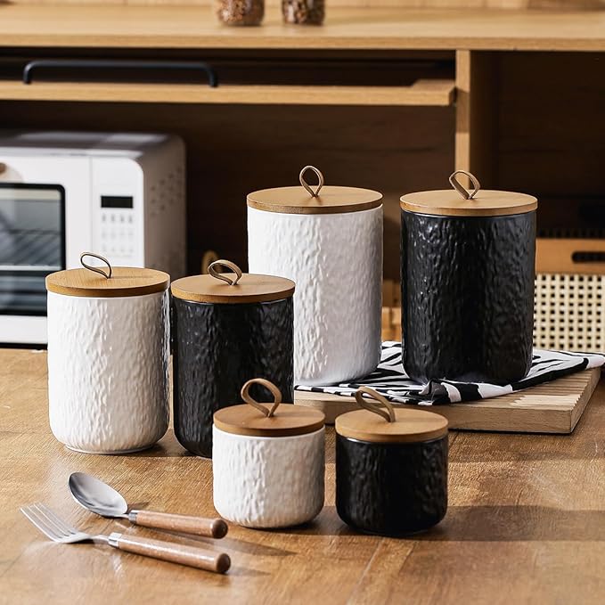 Black White Ceramic Coffee Canister Tea Canister with Seal Wood Lid, Airtight Coffee Storage Container for Coffee Bean, Ground Coffee, Sugar, Cookie Candy jar (Black, 800ml)