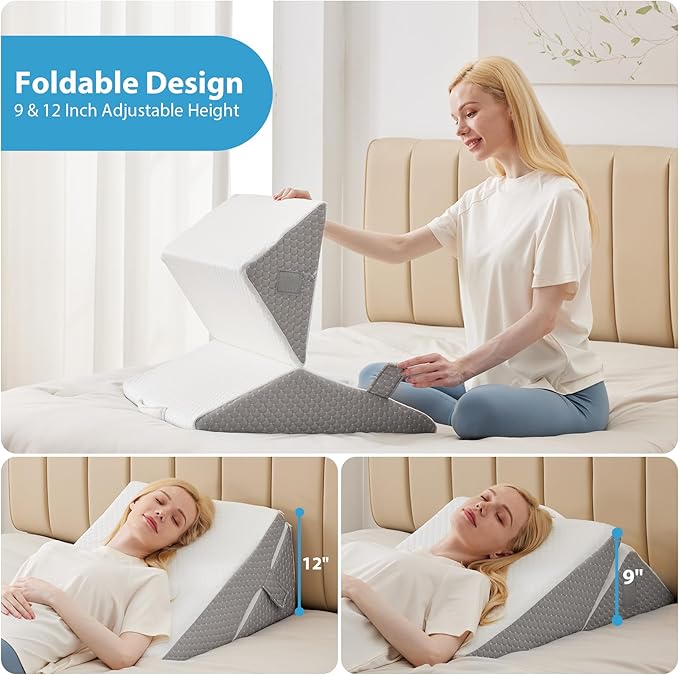 Bed Wedge Pillow for Sleeping, 9 & 12 Inch Adjustable Wedge Pillow for Back Pain Relief, 7-in-1 Memory Foam Triangle Pillow Wedge for Post Surgery, Acid Reflux, GERD, Snoring, White/Grey