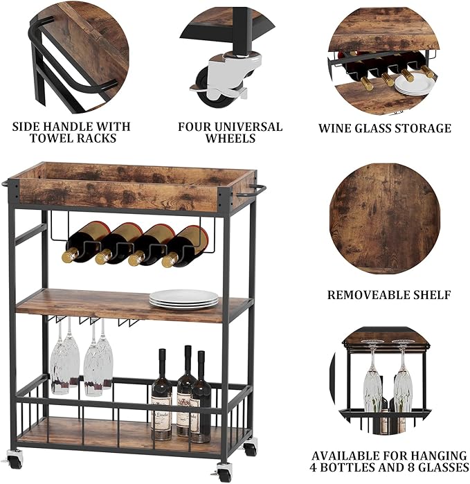 Bar Cart Serving Wine 3 Tier Home Rolling Rack with Wheels Mobile Kitchen Industrial Vintage Style Wood Metal Serving Trolley Serving Cart,Glass Holder Bar Cabinet