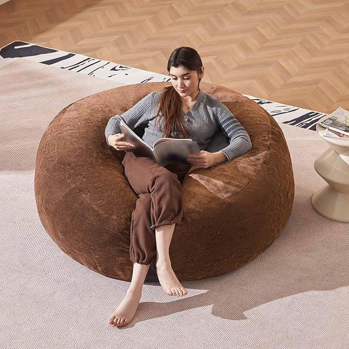 Bean Bag Chair 5Ft, Memory Foam Filled, Large Beanbag Chairs for Adults and Teens, Soft Sofa with Removable Flannel Cover, Round Couch for Living Room Bedroom College Dorm (Coffee, 5FT-60×60"×24")