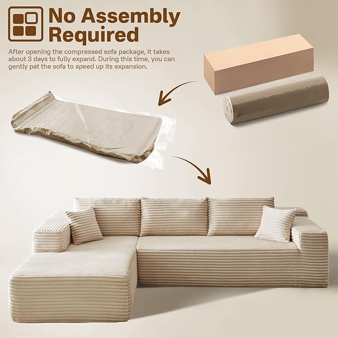 104" Cloud Sectional Couches for Living Room,L Shaped Boneless Couch in A Box,Sleeper Sofa with Comfy Chaise No Assembly Required,Beige