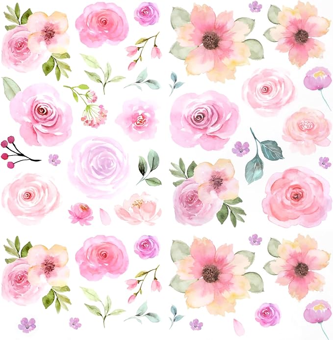 60pcs Pink Flower Wall Sticker Watercolor PVC Peel and Stick Wall Decals Cute Peony Floral and Leaves Pastel Flower Decor for Kids Bedroom Living Room Baby Nursery Kindergarten