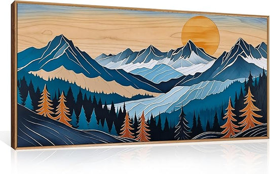 Blue Woodcut Mountain Framed Canvas Wall Art Set, Boho Abstract Ridge Wall Decor, Pine Tree Landscape Wall Painting, Sunrise Forest Art Print for Living Room, Bedroom, Office - 20"X40"
