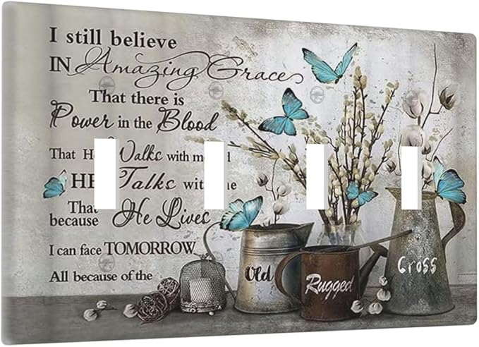 Blue Butterfly Rustic Flower Inspirational Quotes Quad Toggle Light Switch Covers 4 Gang Wall Plate Decorative Switchplate Electrical Faceplate for Farmhouse Country Bedroom Kitchen Decor