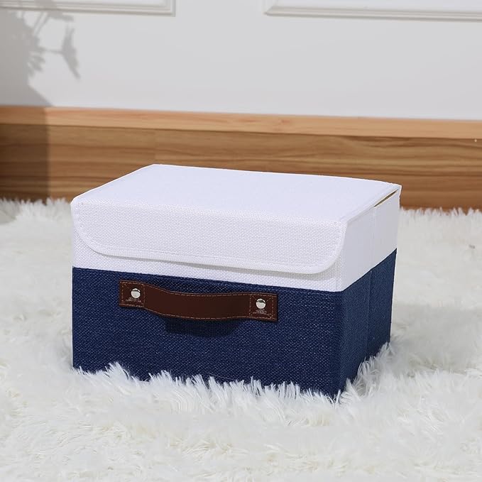 ANMINY Storage Boxes with Lids Washable Decorative Storage Bins Basket with PU Leather Handle Foldable Linen Fabric Storage Cubes Containers for Home Closet Organizer - Deep Blue White, Small Size