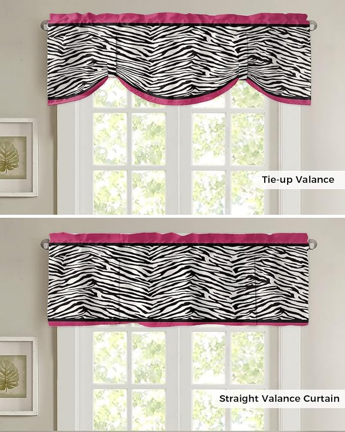 Animal Zebra Print Blackout Tie Up Valance Curtains for Kitchen Windows Black White Pink Window Toppers Balloon Shades for Living Room/Bathroom/Bedroom,1 Panel,42" X 18"