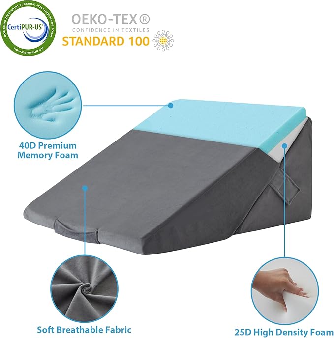 Bed Wedge Pillow for Sleeping, 9 & 12 Inch Adjustable Wedge Pillow for Back Pain Relief, 7-in-1 Memory Foam Triangle Pillow Wedge for Post Surgery, Acid Reflux, GERD, Snoring, Grey